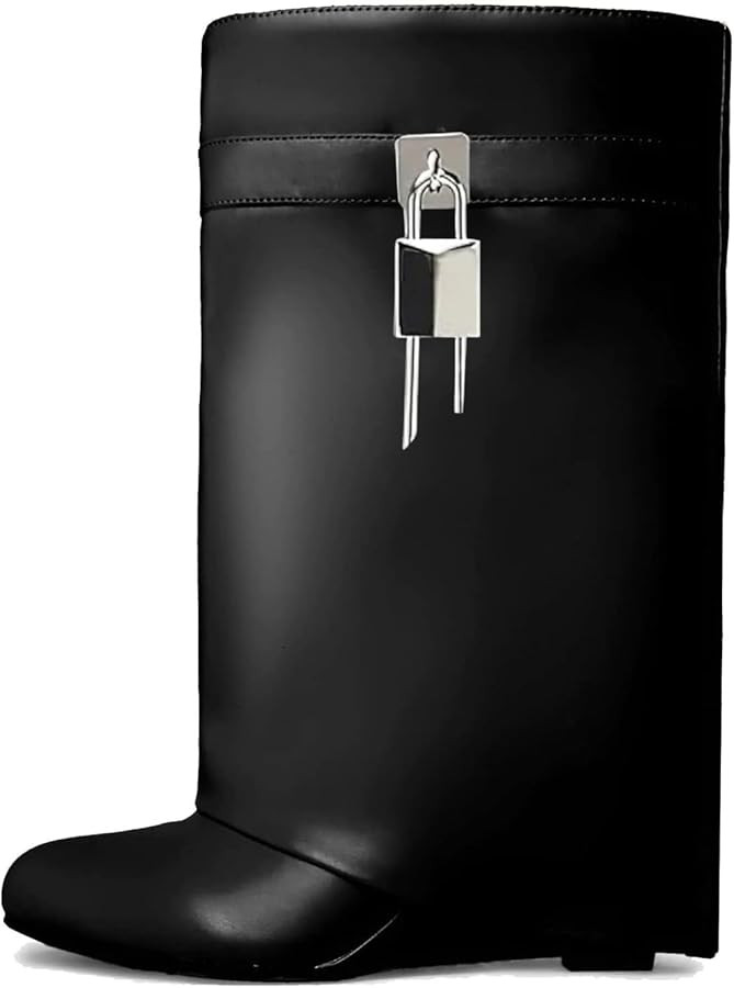 Yishaweiqi Padlock Ankle Boots Fold Over Wedge Heel Booties Wide-calf Short Boot | Amazon (US)