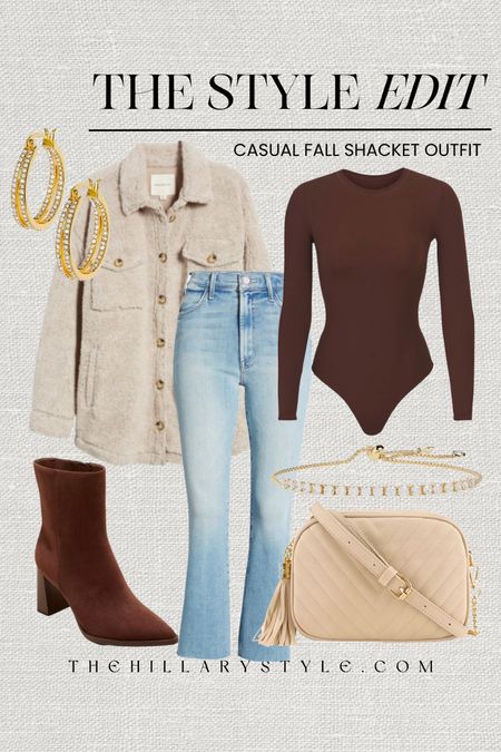 The Style Edit: Fall Sherpa Shacket Outift. Bootcut denim, flared denim, Sherpa coat, shacket, brown bodysuit, long sleeve bodysuit, brown boots, ankle boots, quilted crossbody handbag, gold hoop earrings, gold tennis bracelet. Fall outfit, fall fashion, OOTD, casual fall fashion, Mother denim, Nordstrom, Skims, Target Fashion, Amazon Fashion.

#LTKstyletip #LTKSeasonal