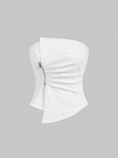 SHEIN MOD Zip Front Ruched Asymmetrical Hem Denim Top | SHEIN