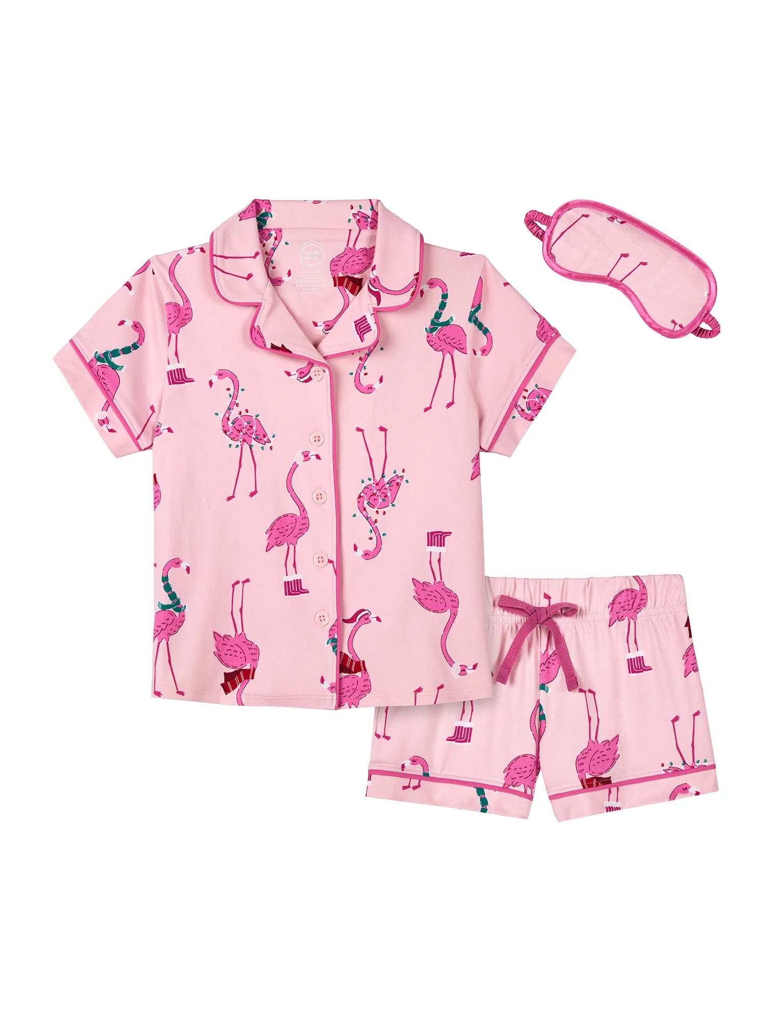 Wonder Nation Girls Short Sleeve Button Front Pajama Top and Shorts Set with Eyemask, 3-Piece, Si... | Walmart (US)
