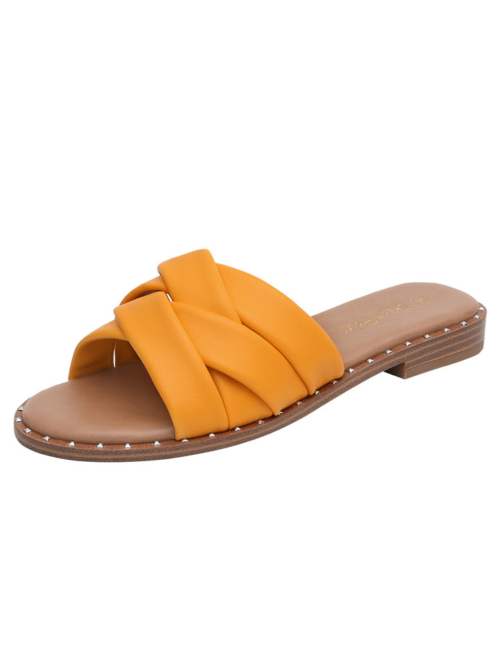 Women' S  Cute Slip On Studded Flat Open Toe Summer Leather Slides Sandals | SHEIN