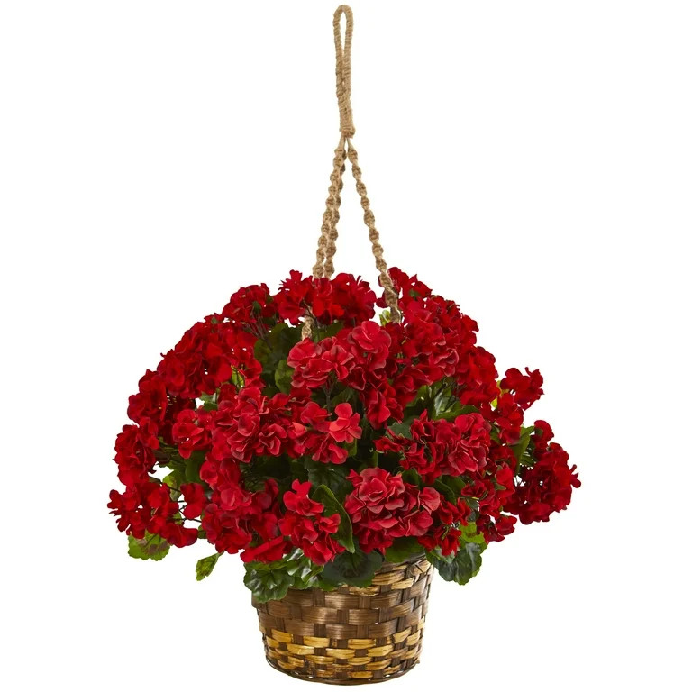 Nearly Natural 19in. UV Resistant Geranium Hanging Basket Artificial Plant UV Resistant, Red | Walmart (US)