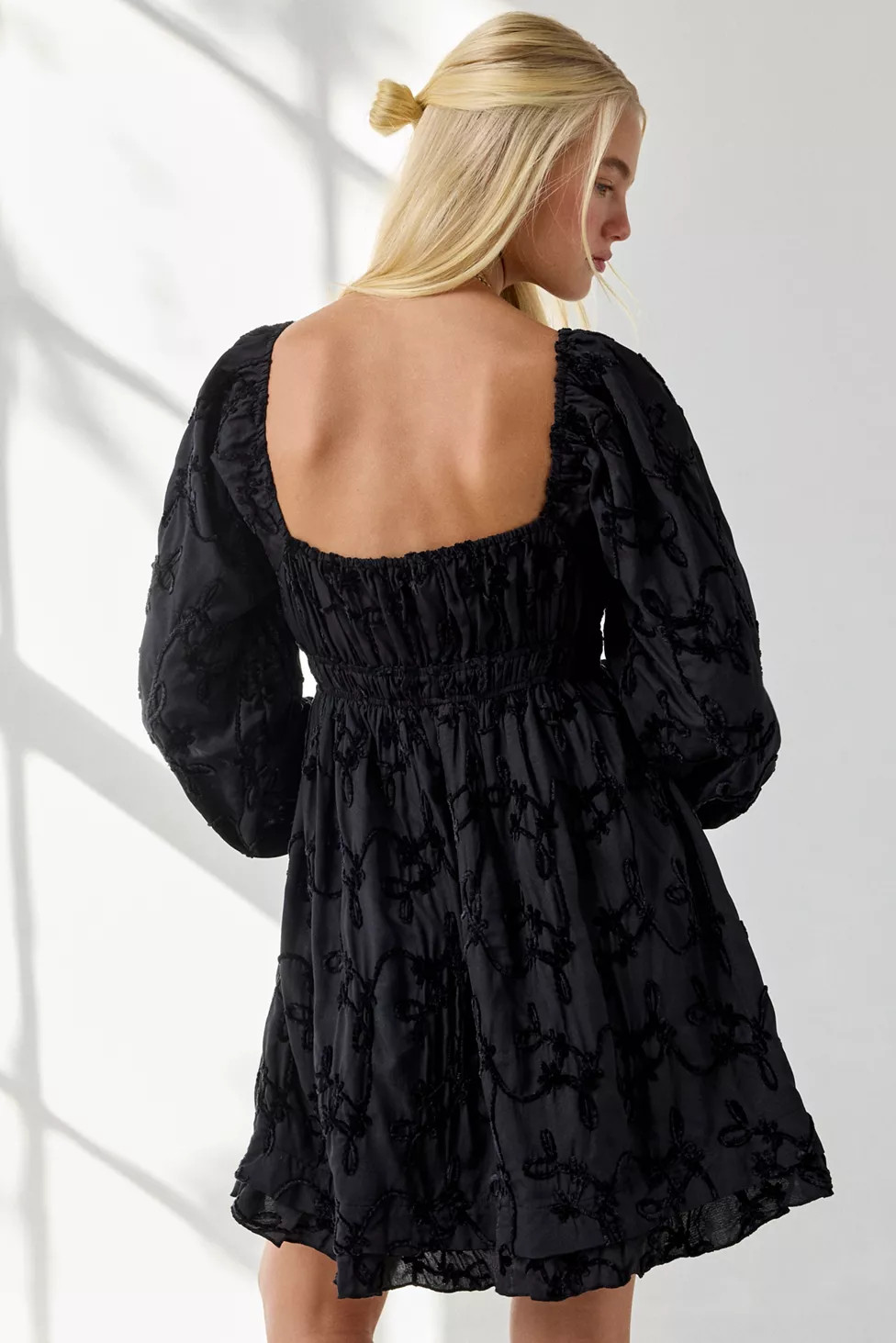 Kiss The Sky Bree Floral Jacquard Long Sleeve Babydoll Mini Dress | Urban Outfitters (US and RoW)