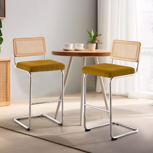 WOOW DEPOT Rattan Bar Stools Set of 2, 30" Bar Height Barstools with Cane Mesh Back and Chrome Base, Velvet Upholstered Armless Tall Bar Chairs Stools for 40"-44 Kitchen Island, High Table, Yellow | Amazon (US)