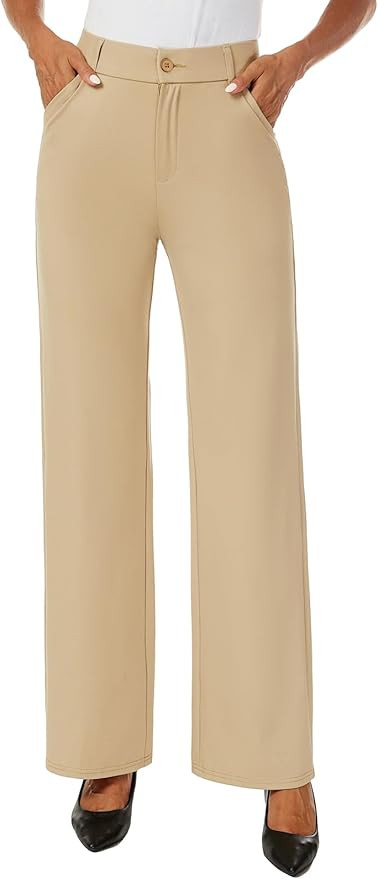 Womens High Waist Wide Straight Leg Trousers Casual Slacks Dress Pants with Pockets | Amazon (US)