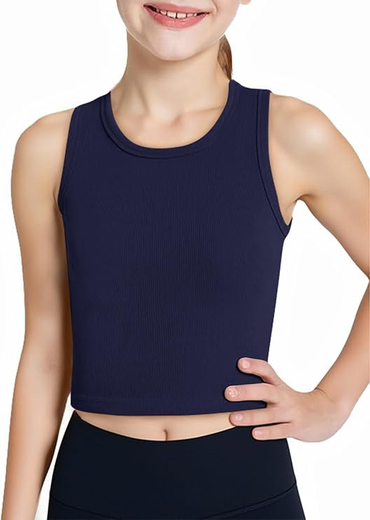 Amazon.com: Haloumoning Girls Tank Tops Kids Athletic Ribbed Knit Sleeveless Crop Tops Basic Cami... | Amazon (US)