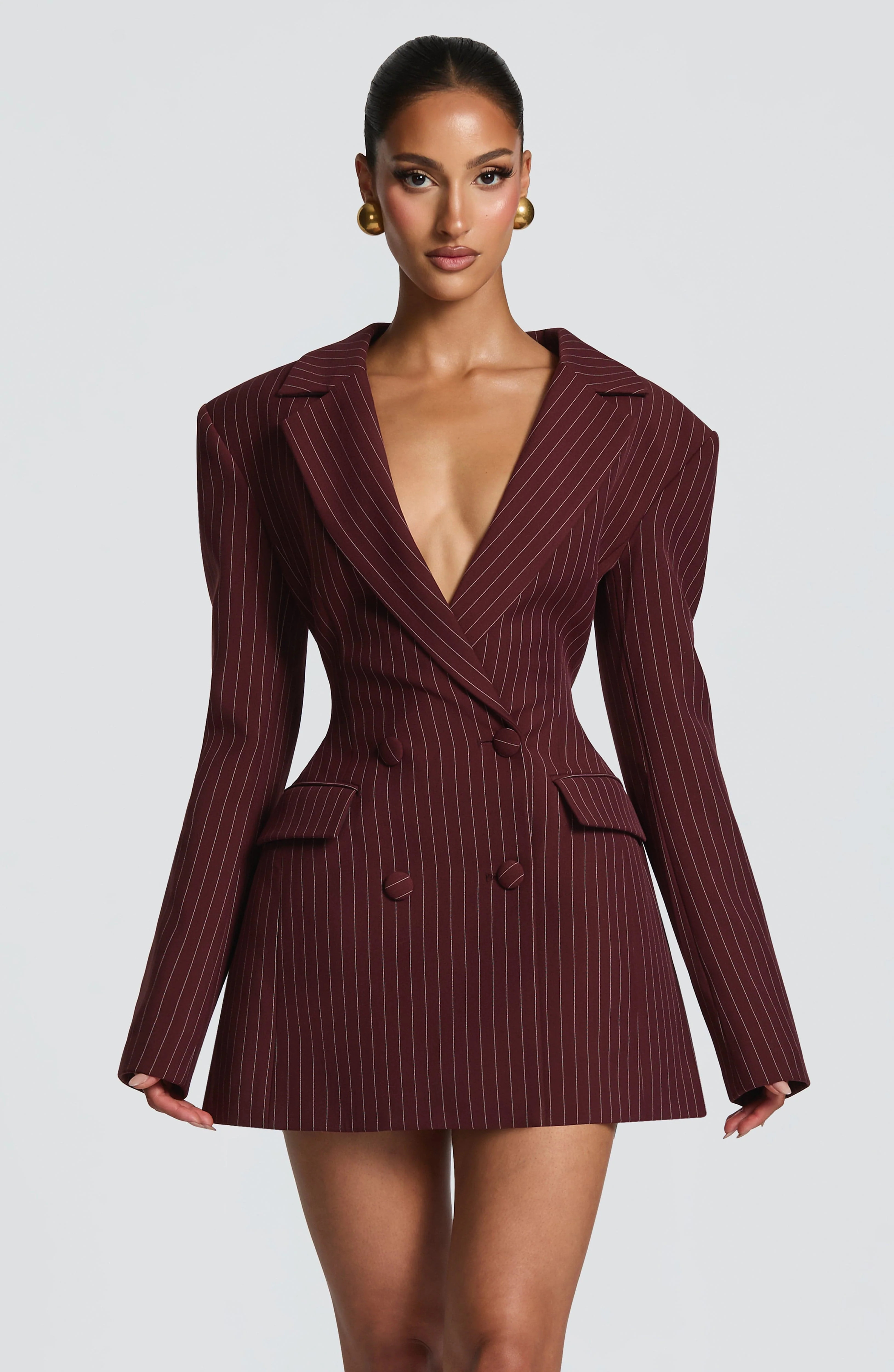 Elvira Mini Dress - Burgundy Pinstripe | Babyboo (global)