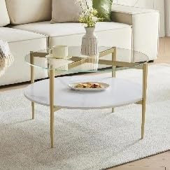 Shrine Modern Coffee Table with Glass Top, Round Table for Living Room, Two-Tier 30-Inch White Wo... | Amazon (US)