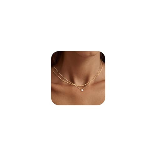 Tewiky Gold Necklace, Dainty Gold Layered Gold Plated Diamond Necklaces Simple CZ Solitaire Pendant Necklace Cute Gold Cubic Zirconia Chain Choker for Women Trendy Girls Gold Jewelry Gift | Amazon (US)