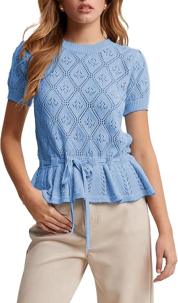 Women's Peplum Top Puff Sleeves Adjustable Tie-Waist Blouse Diamond Pointelle Shirts | Amazon (US)