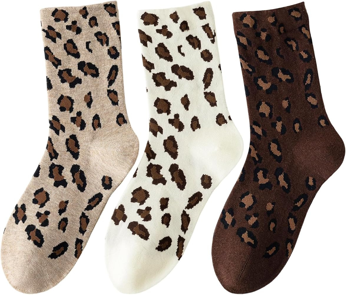 Yawlsow Leopard Crew Socks Tortoise Shell Cheetah Animal Print Cozy Warm Cotton Socks for Women L... | Amazon (US)