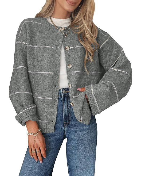 Balimtoy Striped Cardigan Sweaters for Women Trendy Long Sleeve Crewneck Button Up Sweater Fall W... | Amazon (US)