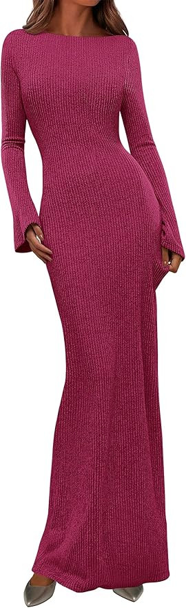 PRETTYGARDEN Women's Fall Fashion 2026 Long Sleeve Maxi Dress Ribbed Knit Boat Neck Bodycon Casua... | Amazon (US)