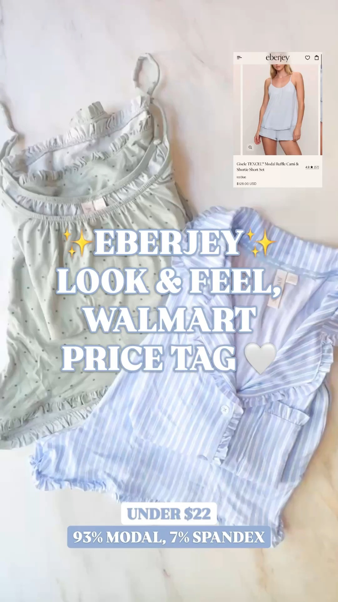 Modal pajamas, Walmart modal pajamas, Eberjey look for less, Joyspun pajamas, luxe pajamas for less, short pajama set women, summer pajamas women

Walmart’s modal pajamas are in my holy trinity, and these under $22 sets are giving Eberjey Gisele pajama energy for so much less.

The designer Eberjey Gisele Cami Short PJ Set and Gisele Short PJ Set retail for $128, and these capture that same soft, drapey, feminine sleepwear feel at a budget-friendly price point.

They are 93% modal and 7% spandex, which is exactly why they feel so good. Soft, stretchy, cooling, breathable, and unbelievably luxurious for the price tag.

Available in a cami short set and a notch collar button-front short set, both with ruffle trim and that easy relaxed shape that makes pajamas feel pretty without being precious.

Why they work:
✨ Eberjey look for less
✨ under $22
✨ 93% modal, 7% spandex
✨ soft and cooling
✨ stretchy and breathable
✨ cami set option
✨ button-down set option
✨ ruffle trim
✨ machine washable

These are for hot sleepers, summer nights, slow mornings, travel, lounging, girls trips, gifting, and anyone who wants luxe pajamas without paying $128.

If you love modal pajamas, Eberjey inspired pajamas, luxury pajamas on a budget, Walmart pajamas, Joyspun pajamas, short pajama sets, cami pajama sets, cooling pajamas, soft loungewear, summer sleepwear, and pretty pajama sets under $25, these are the ones to open.

modal pajamas, Walmart modal pajamas, Joyspun pajamas, Eberjey look for less, Eberjey inspired pajamas, pajama set women, short pajama set, cami pajama set, cooling pajamas, summer pajamas, luxe pajamas for less, affordable pajamas, Walmart sleepwear

#LTKFindsUnder50 #LookForLess #PJSet #PajamaSet #ModalPajamas #Eberjey #WalmartFinds #LuxeForLess

#LTKHome #LTKSeasonal #LTKTravel