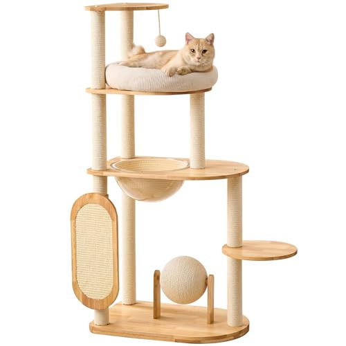 Modern Cat Tree with Scratching Post, Solid Rubber Wood Cat Tree Tower for Indoor Cats with Cotton Nest, Space Capsule, Cat Scratching Ball and Board | Amazon (US)