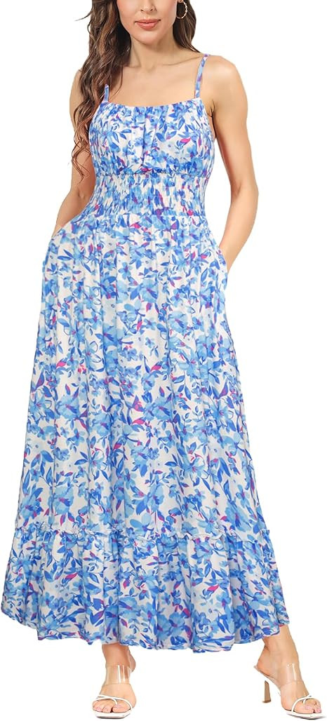 GRACE KARIN Womens 2024 Summer Maxi Dress Casual Sleeveless Spaghetti Strap Smocked Ruffle Beach ... | Amazon (US)