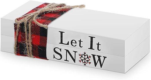 2 Pieces Christmas Wooden Book Stack Let It Snow Wood Book Decor Rustic White Book Farmhouse Deco... | Amazon (US)