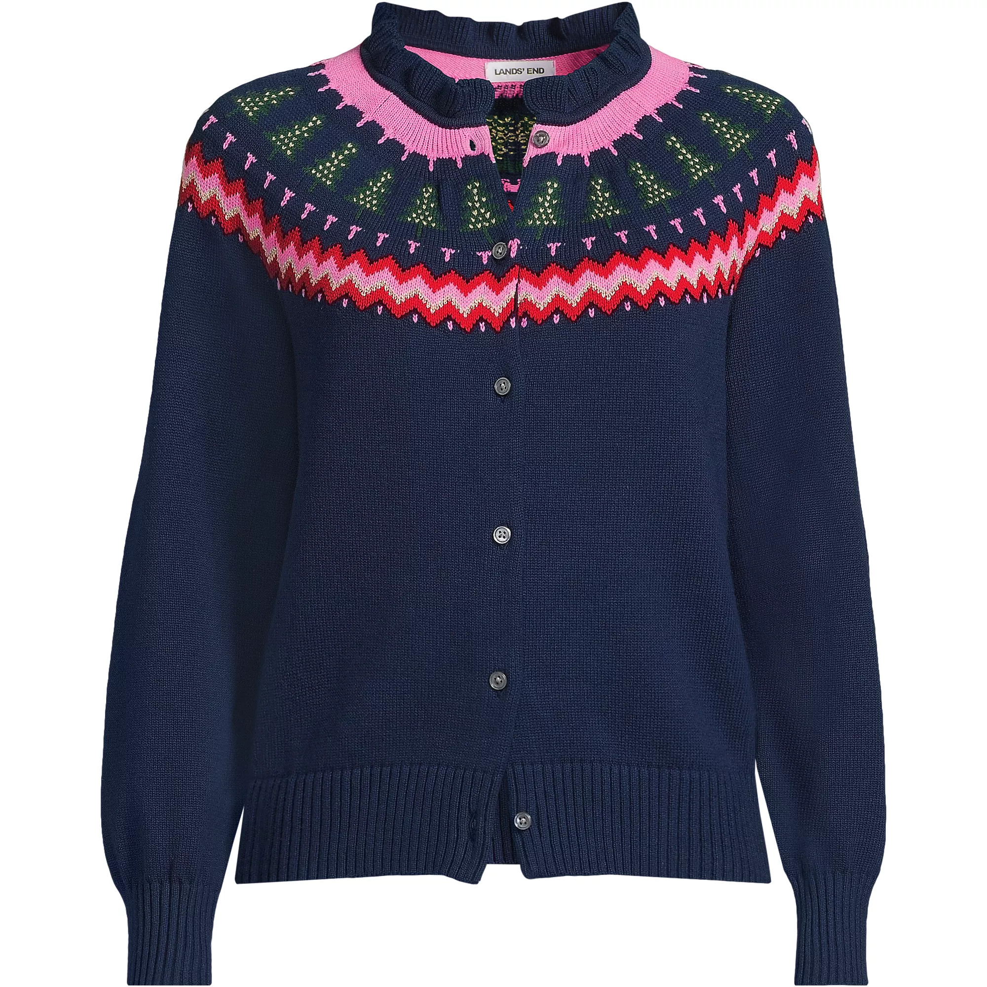 Women's Plus Size Drifter Lurex Ruffle Neck Jacquard Cardigan Sweater | Lands' End (US)