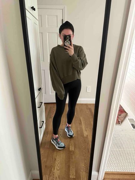 nike pullover & leggings - Monday mom outfit - wearing an XS in the pullover, small in the leggings, 7 in the shoes

#LTKstyletip #LTKover40 #LTKActive