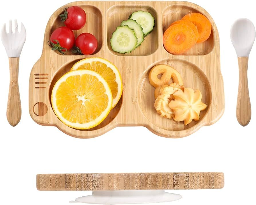Suction Plates for Baby & Toddler, Bamboo Divided Platter Feeding Dishes with Silicone Fork& Spoo... | Amazon (US)