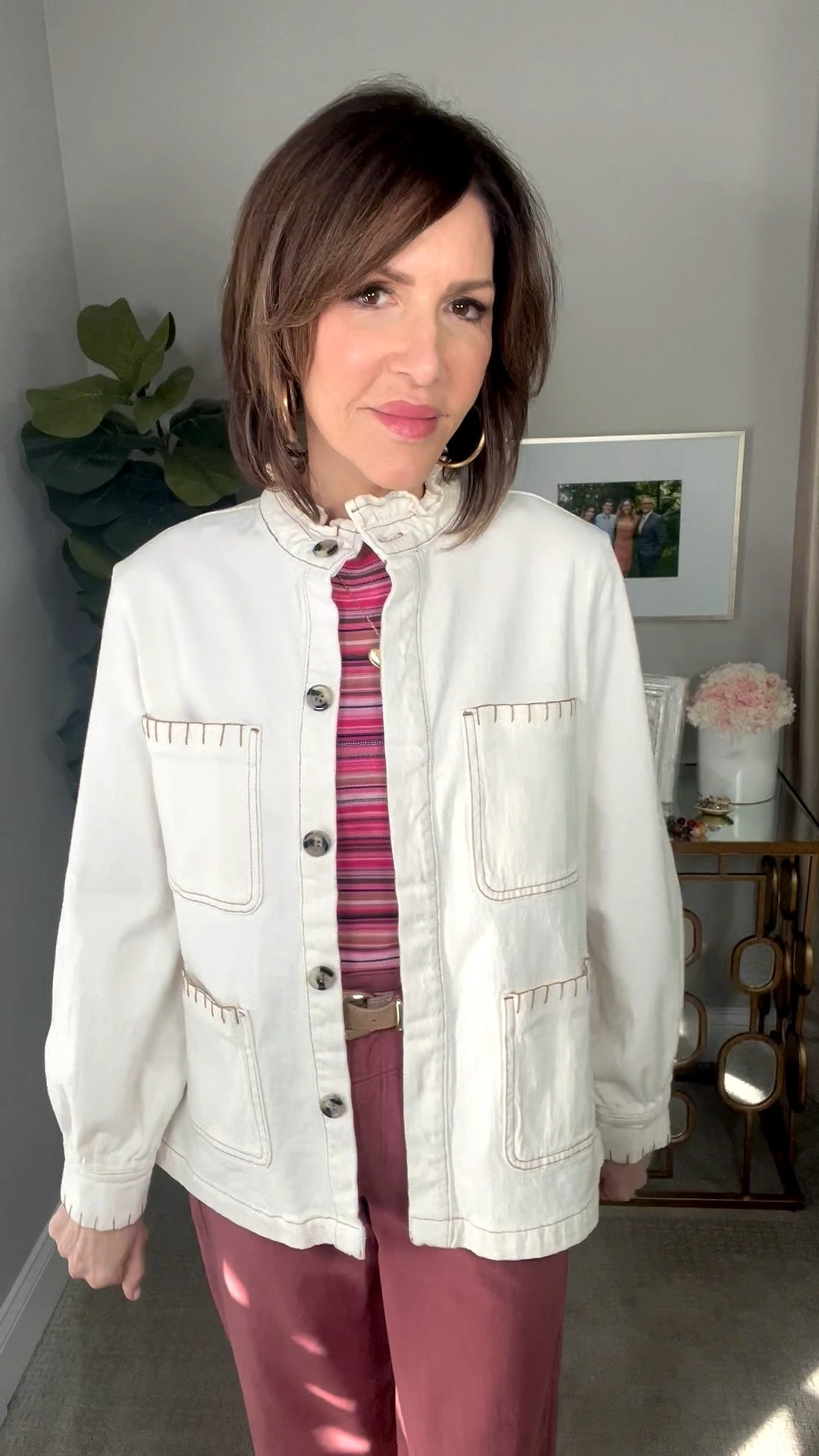 cream jacket, gold jewelry, pink striped top, pink pants, over 50 outfits 

#LTKValentine #LTKOver40 #LTKootd