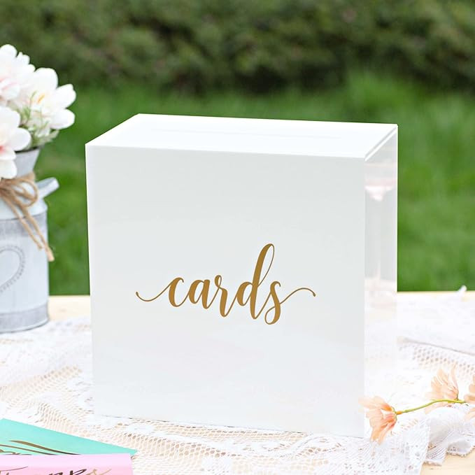 UNIQOOO White Acrylic Wedding Card Box w/ Gold Print, Large 10x10x5.5 inch | Wedding Receptions W... | Amazon (US)