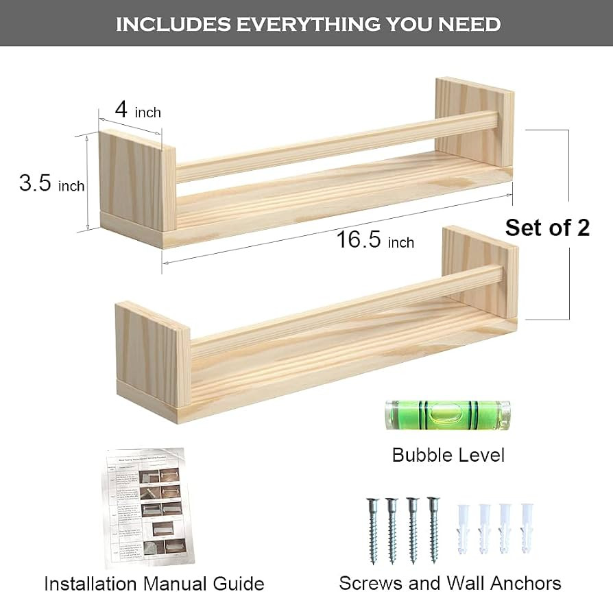 Classic Nursery Shelves, Set of 2 Natural Wood Floating Book Shelves for Kids Room, Wall Shelves ... | Amazon (US)