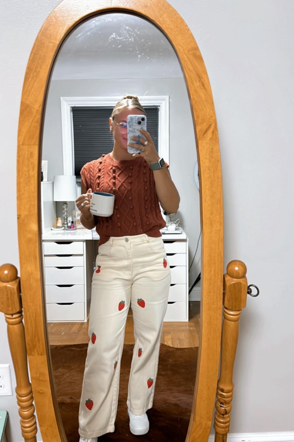 Teacher ootd. Outfit of the day. Shein pants. Sweater. Thrifted sweater. Strawberry pants. Fall outfit. Comfy. Mug  

#LTKFallSale #LTKSeasonal #LTKWorkwear