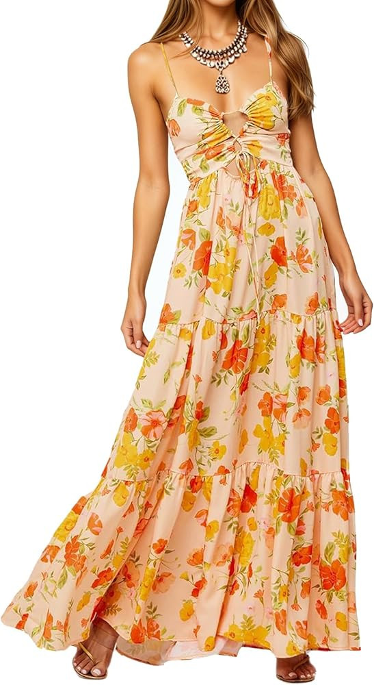 Womens Summer Floral Spaghetti Strap Backless Low Cut Smocked Milkmaid Flowy Beach Sundresses | Amazon (US)