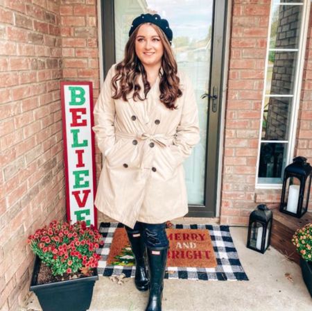 Fall outfit raincoat trench coat hunter boots rain boots forever 21 beret winter outfit old navy black ripped jeans

#LTKHolidaySale #LTKHoliday #LTKSeasonal