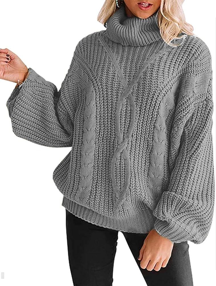 YUOIOYU Women's Long Sleeve Turtleneck Sweater Chunky Cable Knit Oversized Pullover Jumper Tops | Amazon (US)