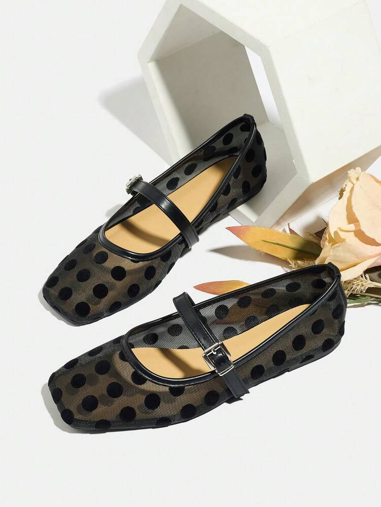 2026 New Plus Size Apricot Polka Dot Mary Jane Shoes For Women, Square Toe, Buckle Strap, Mesh Hollow-Out, Low Heel, Casual Outdoor Wear, Comfortable For Wide Feet | SHEIN