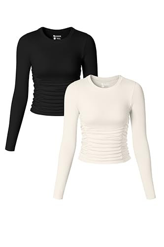 OQQ Womens 2 Piece Long Sleeve Shirts Crew Neck Ruched Stretch Basic Tops Fitted Tee Shirts Black Beige | Amazon (US)