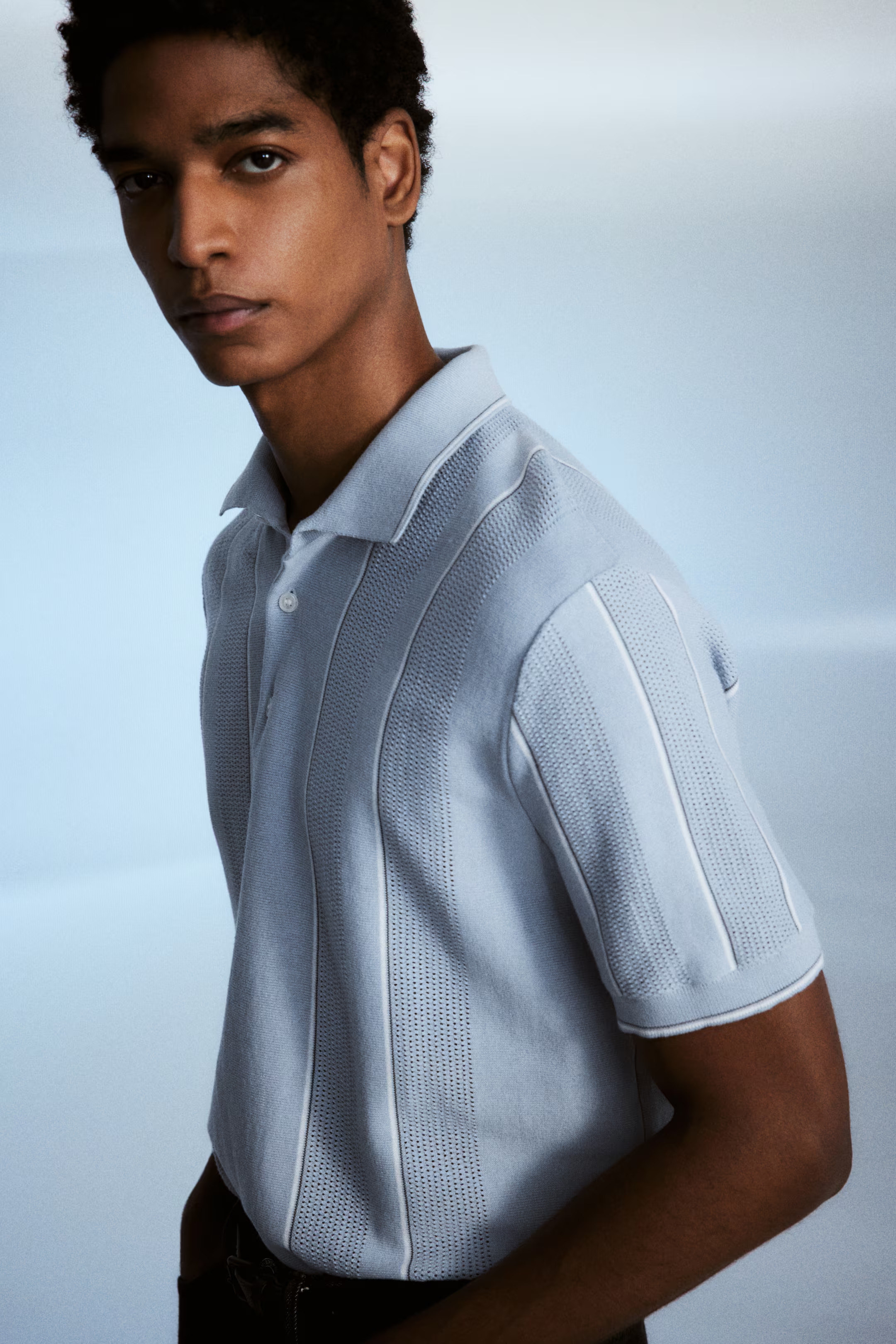 Regular-Fit Pointelle-Knit Polo Shirt - Light blue/striped - Men | H&M US | H&M (US + CA)