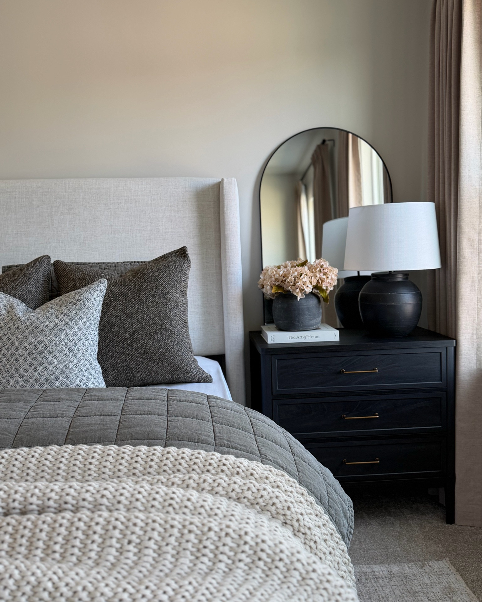 Guest bed, bedroom, black nightstand, oatmeal throw blanket, olive quilt, brown pillow cover, arch mirror, floral pillow cover, fall bedroom, fall hydrangea stem, dried hydrangea, black lamp

#LTKSaleAlert #LTKSeasonal #LTKHome