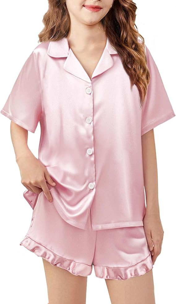 Arshiner Girls Pajamas Silk Satin Pajama Set 2 Piece Button Down Pjs Ruffle Sleepwear | Amazon (US)