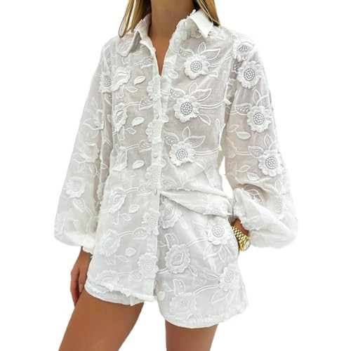 REASERAL Womens Lace 2 Piece Outfits Long Sleeves Lapel Jacket Top Lace Up Mini Shorts Casual Going Out Sets | Amazon (US)