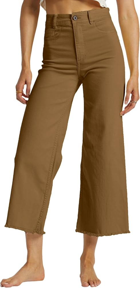 Allimy Women's High Waisted Straight Ankle Wide Leg Ripped Jeans Frayed Hem Stretchy Capri Denim ... | Amazon (US)