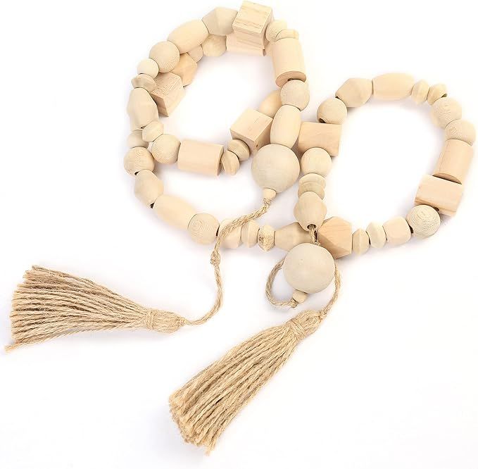 LotFancy Natural Wooden Bead Garland with Tassel, 60in / 5ft, Modern Farmhouse Boho Bead String f... | Amazon (US)