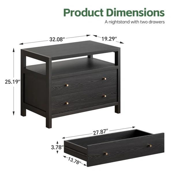 Modern Black 2-Drawer Nightstand with Open Storage, 25.19"H x 32.08"W x 19.29"D | Wayfair North America