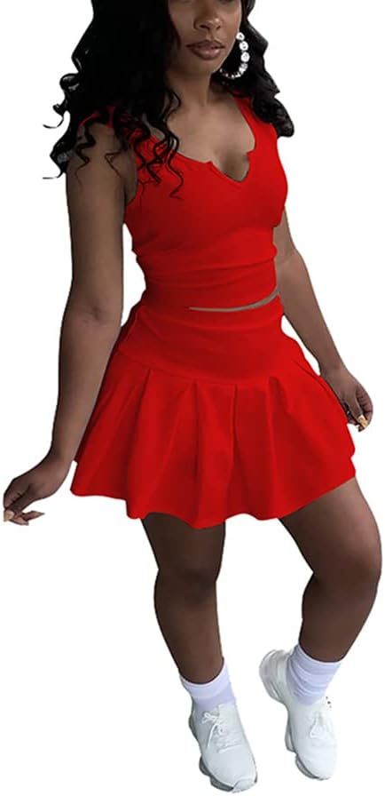 Tennis Skirts for Women 2 Piece Outfits Sets Sleeveless Tank Crop Top Pleated Mini Skirt Golf Ath... | Amazon (US)
