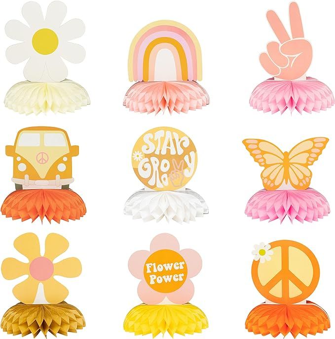 A1diee 9Pcs Groovy Hippie Boho Party Honeycomb Centerpieces Retro Boho Rainbow Daisy Flower Butte... | Amazon (US)