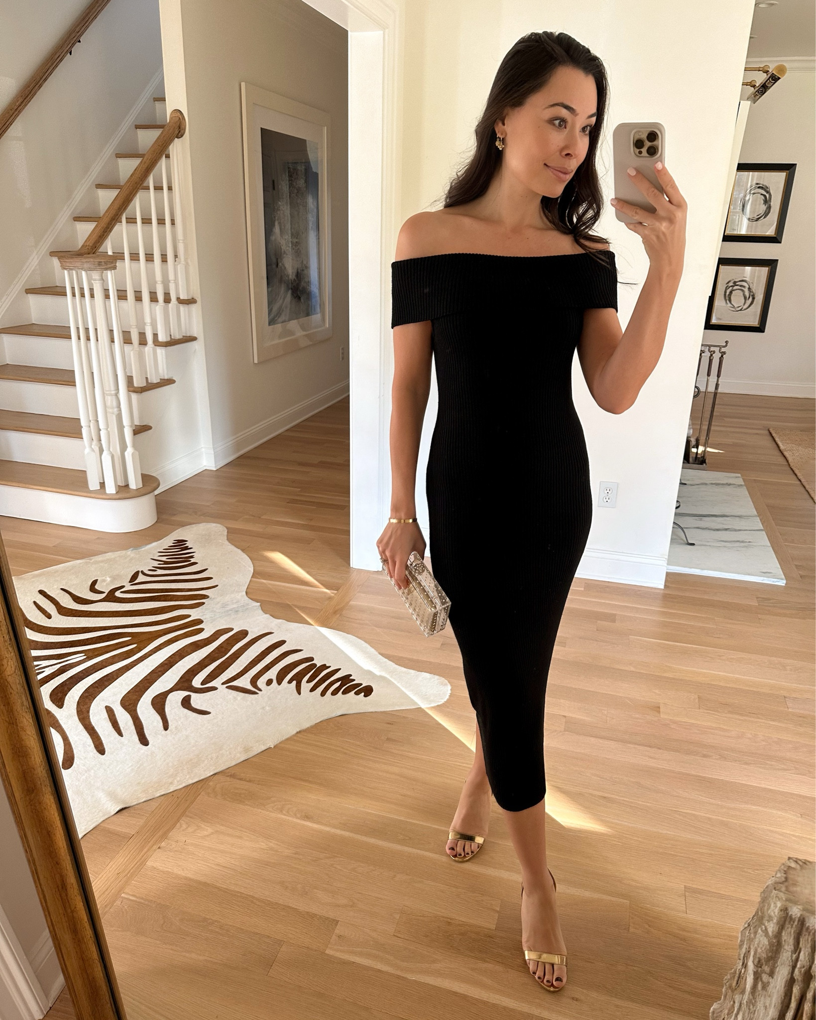 Kat Jamieson wears an off the shoulder ribbed knit dress with gold heels. Cocktail party, wedding dress guest, holiday outfit. 

#LTKshoecrush #LTKSeasonal #LTKHoliday