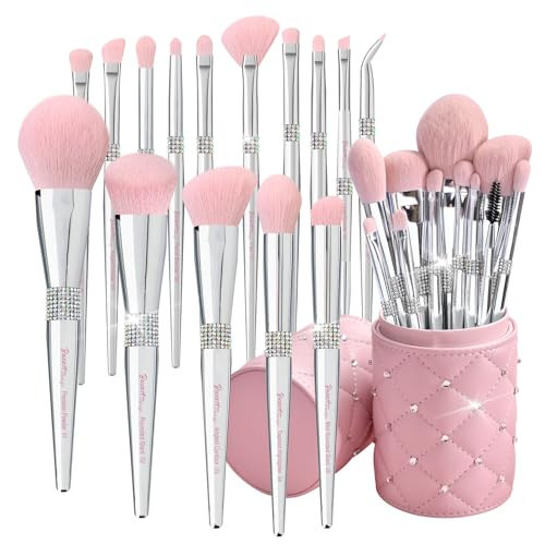 Bueart Design Elegant pink Ultra soft labeled Makeup Brushes Sets with Brush Holder makeup brush set with Foundation Powder blush blending contour Brush (15Pcs Silver Pink+Holder) | Amazon (US)