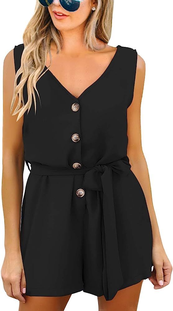 Women's Casual Short Sleeve Belted Overlay Keyhole Back Jumpsuits Romper | Amazon (US)
