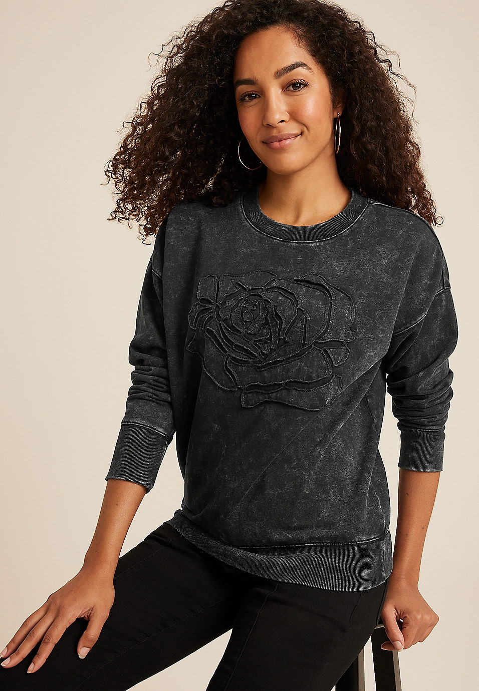 Rose Applique Relaxed Fit Sweatshirt | Maurices