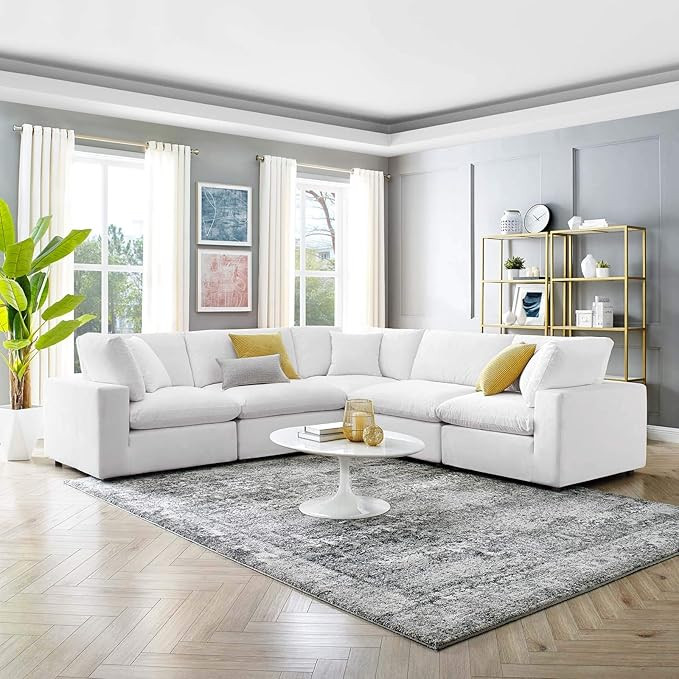 Modway Commix Down Filled Overstuffed Performance Velvet 5-Piece Sectional Sofa in White | Amazon (US)