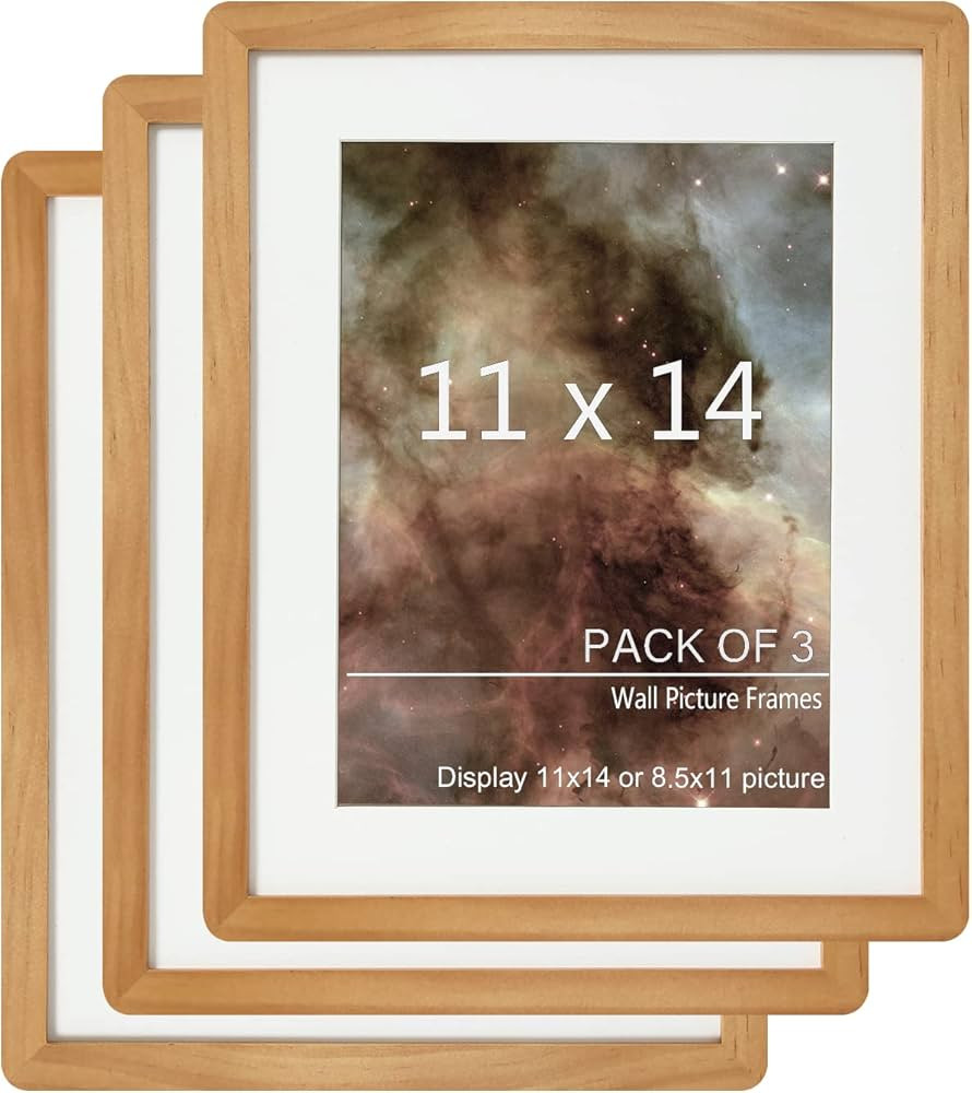 TRAHOME 11x14 Picture Frame,Solid Wood,3 Pack Photo Frames, Display Pictures 8.5x11 with Mat or 1... | Amazon (US)