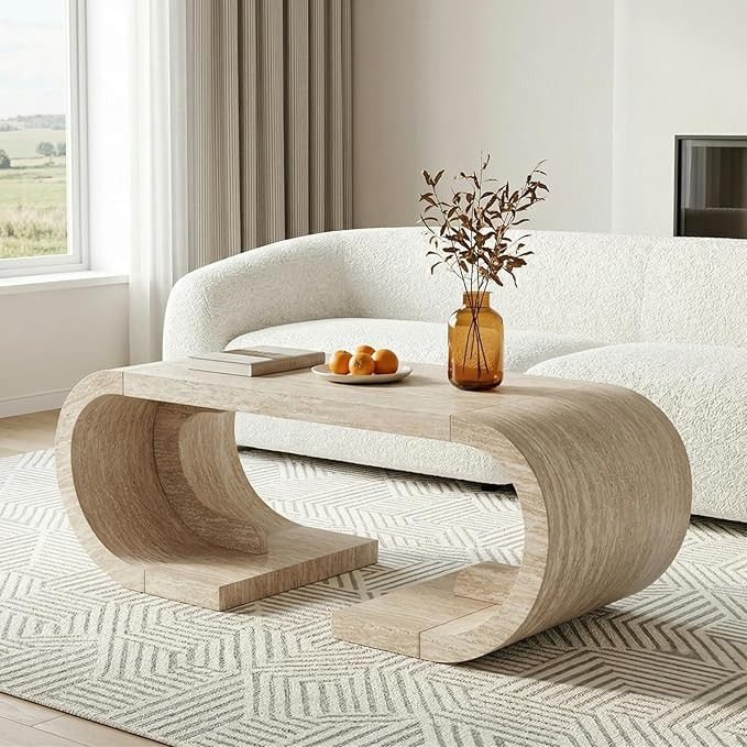 SSLine Mid-Century 47.24" Curved Coffee Table with Pedestal Base Beige Faux Travertine Center Tab... | Amazon (US)