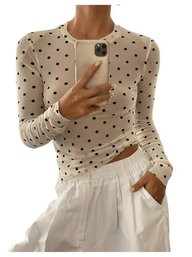 SHENHE Women's Polka Dots Sheer Mesh T Shirt Round Neck Slim Fitted Streetwear Top | Amazon (US)